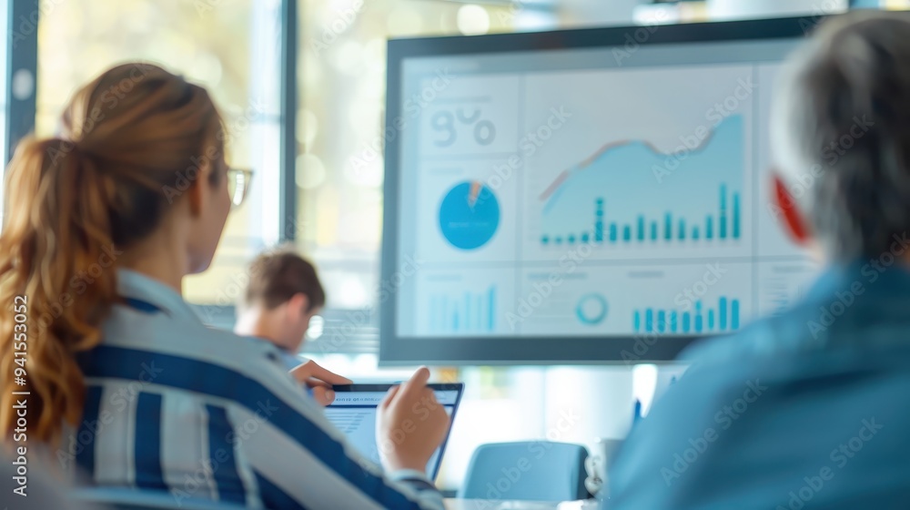 Obraz premium Business team analyzing data on a large screen in a modern office setting, focusing on charts and graphs.