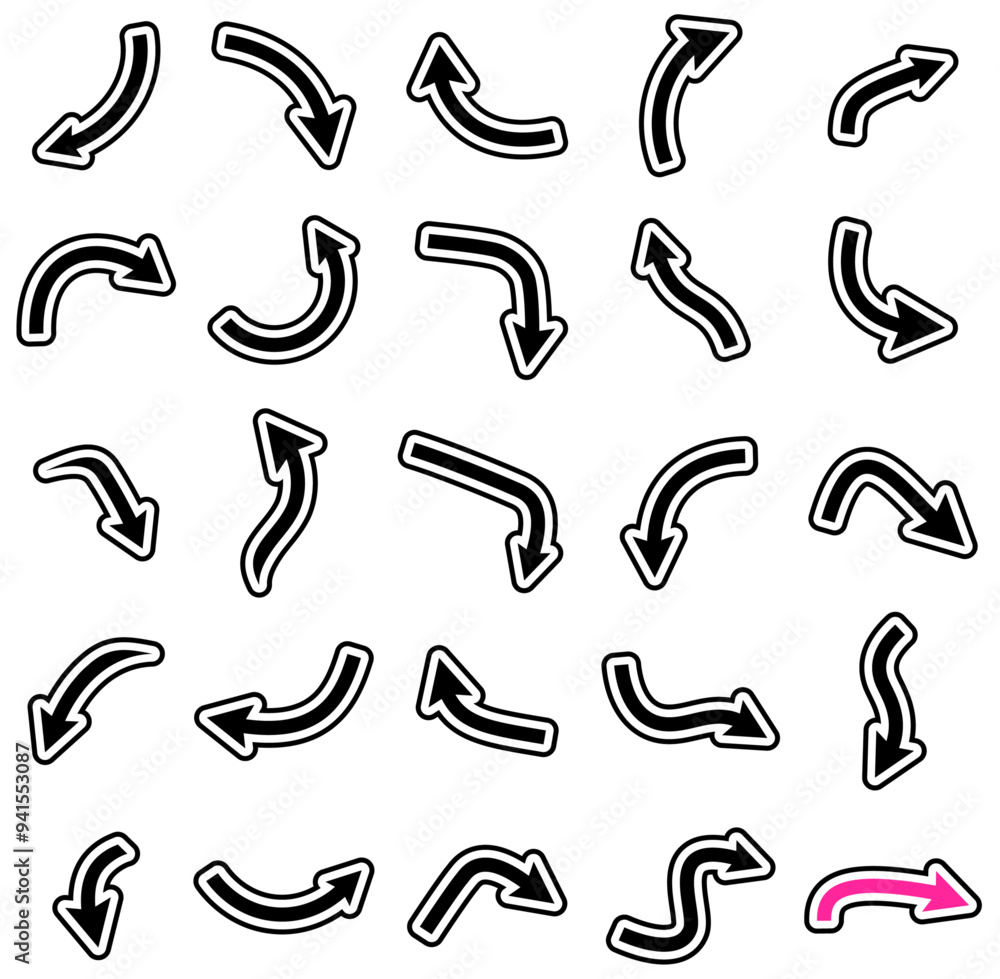 Vector illustration of a collection of curved black arrow icons with bold white outlines, featuring a distinct pink arrow. Vector illustration of a collection of curved black arrow icons with bold white outlines, featuring a distinct pink arrow.
