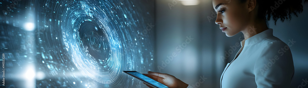 Photo Realistic as Businesswoman using a glossy tablet in a modern office concept as Camera movement Pan across the glossy tablet screen held by a businesswoman. Scene A sleek modern office with brigh Photo Realistic as Businesswoman using a glossy tablet in a modern office concept as Camera movement Pan across the glossy tablet screen held by a businesswoman. Scene A sleek modern office with brigh
