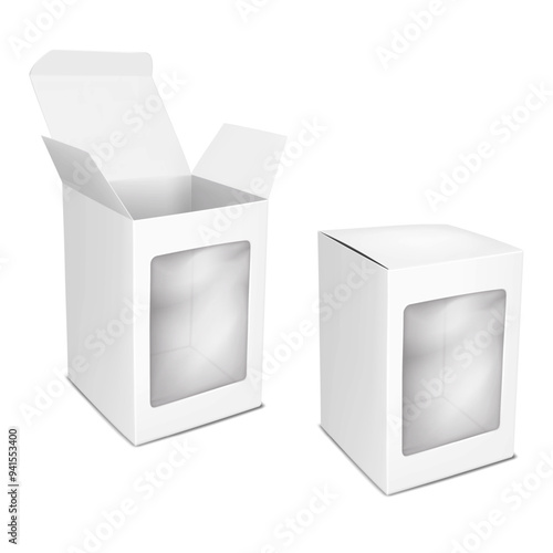 White cardboard box with clear plastic window and tuck-in flap. Open and closed. 3d mockup. Empty transparent front paperboard container packaging. Realistic vector mock-up. Template for design