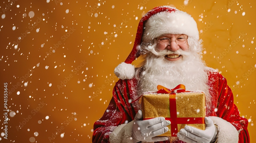 Happy Santa Claus with a gift on a Christmas background. Advertising New Year's Christmas discount, Christmas promotion. Christmas and New Year concept Happy Santa Claus with a gift on a Christmas background. Advertising New Year's Christmas discount, Christmas promotion. Christmas and New Year concept