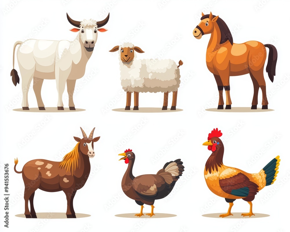 Animal icons including cows, bulls, sheep, pigs, horses, goats, hens, roosters, ducks, geese, turkeys, and chickens. Modern flat illustration, animal icons. Animal icons including cows, bulls, sheep, pigs, horses, goats, hens, roosters, ducks, geese, turkeys, and chickens. Modern flat illustration, animal icons.