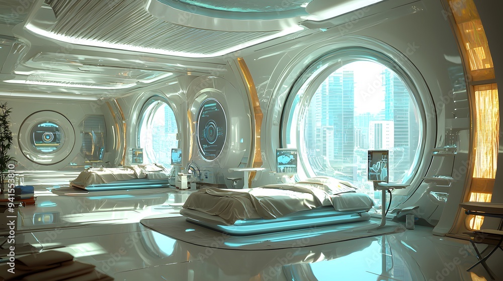 Futuristic hospital room with sleek design and large circular windows. Futuristic hospital room with sleek design and large circular windows.