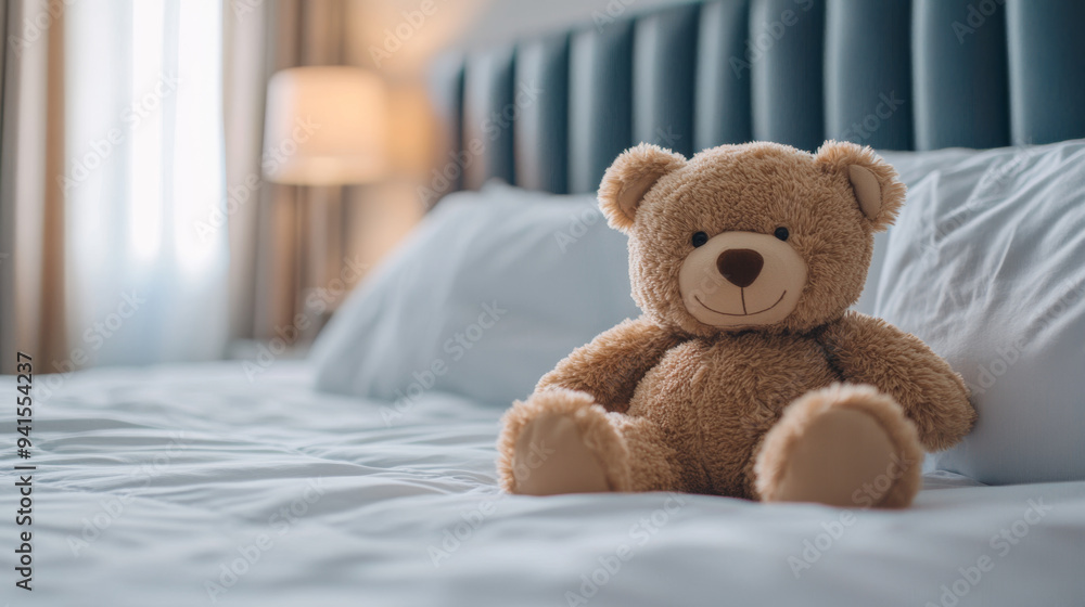 A teddy bear is sitting on a bed with a white sheet A teddy bear is sitting on a bed with a white sheet
