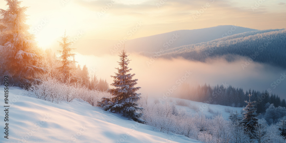 Golden Hour in a Snow-Covered Valley Misty Summer Atmosphere Golden Hour in a Snow-Covered Valley Misty Summer Atmosphere