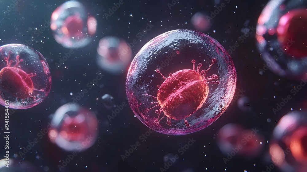 Colorful microscopic view of cells with a dark, ethereal background. Colorful microscopic view of cells with a dark, ethereal background.