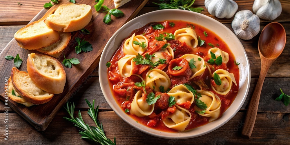 A high angle shot of delicious tortelloni in a rich tomato sauce with a side of garlic bread, comfort food, tomato sauce, restaurant, gourmet, food photography, garlic bread, cooking, meal A high angle shot of delicious tortelloni in a rich tomato sauce with a side of garlic bread, comfort food, tomato sauce, restaurant, gourmet, food photography, garlic bread, cooking, meal