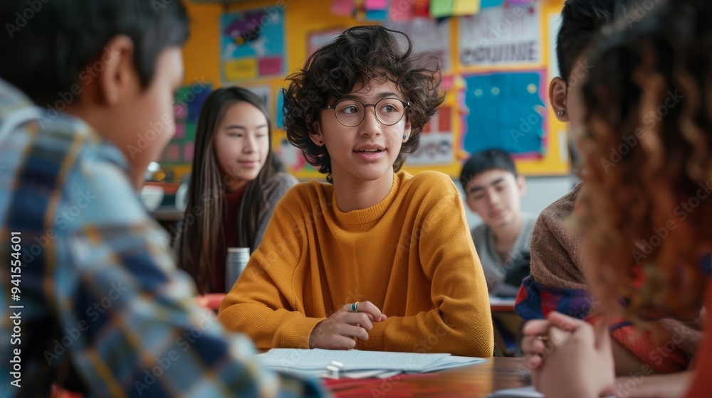 Stock Photography, LGBTQ+ youth leading school diversity club. Students of various backgrounds discussing at table. Inclusive posters on classroom walls Stock Photography, LGBTQ+ youth leading school diversity club. Students of various backgrounds discussing at table. Inclusive posters on classroom walls