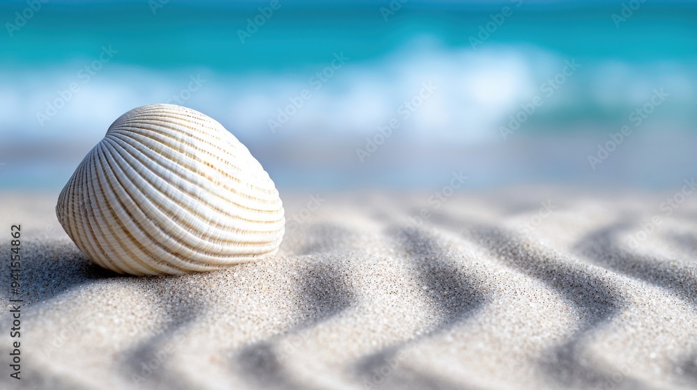 Serene beach scene with gentle waves and seashell patterns on the sand Serene beach scene with gentle waves and seashell patterns on the sand