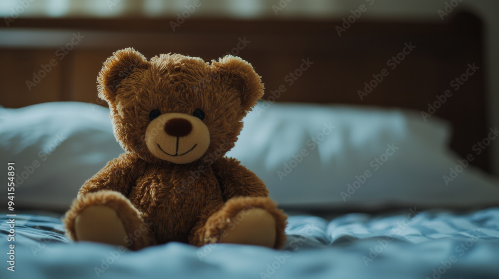 A brown teddy bear is sitting on a bed A brown teddy bear is sitting on a bed