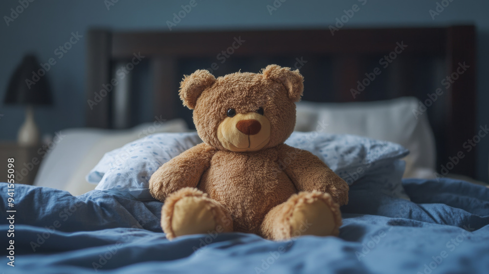 A teddy bear is sitting on a bed with a blue sheet A teddy bear is sitting on a bed with a blue sheet