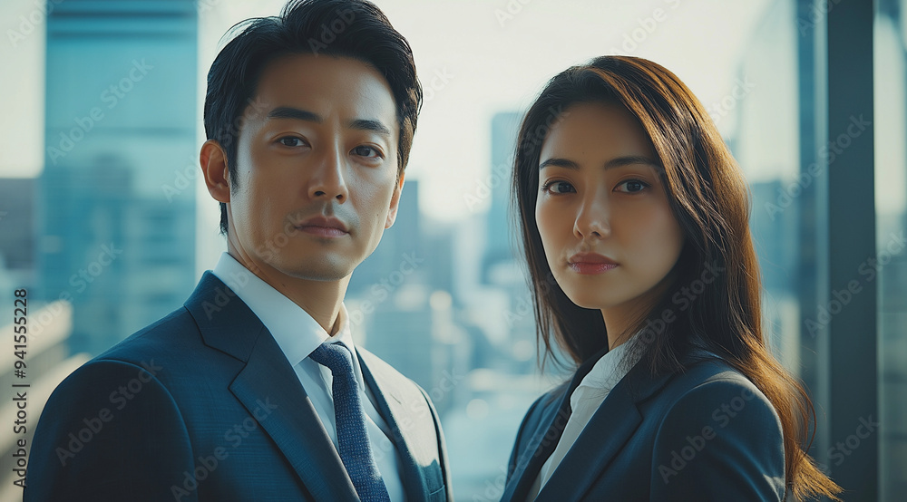 A Japanese male and female business professionals in an office, wearing suits, standing side by side. The background is an office space with large windows. A Japanese male and female business professionals in an office, wearing suits, standing side by side. The background is an office space with large windows.