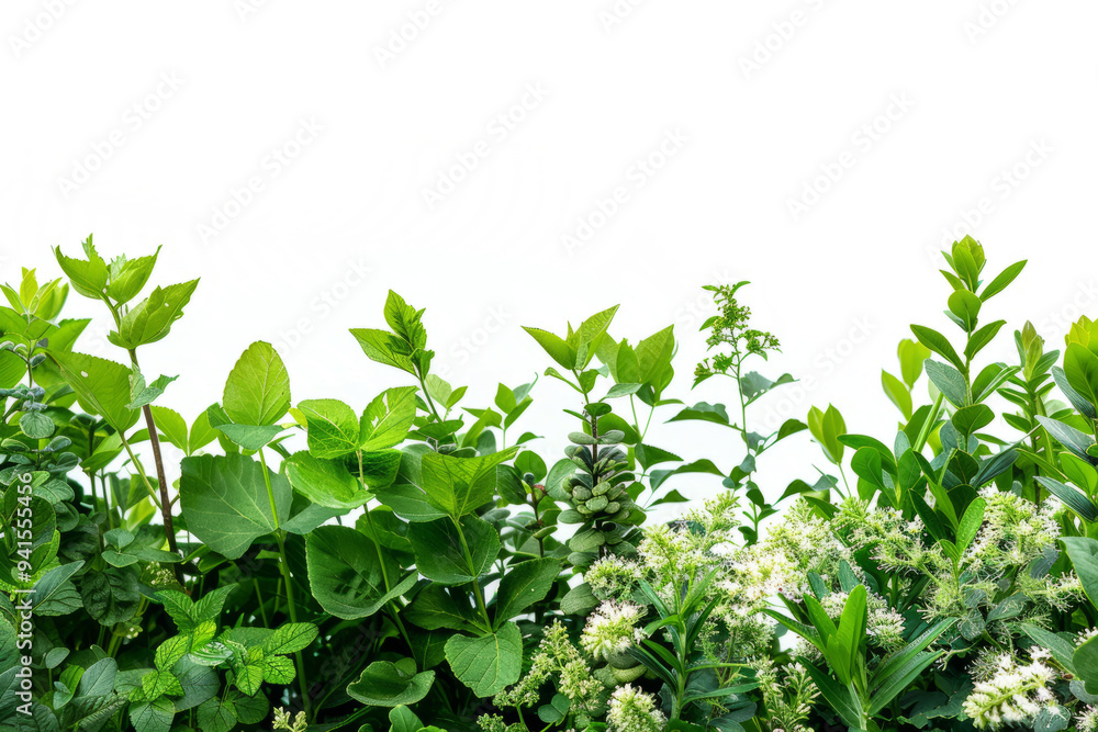 Close-up of green bushes, highlighting the variety of their leaves and flowers against a white background. Close-up of green bushes, highlighting the variety of their leaves and flowers against a white background.