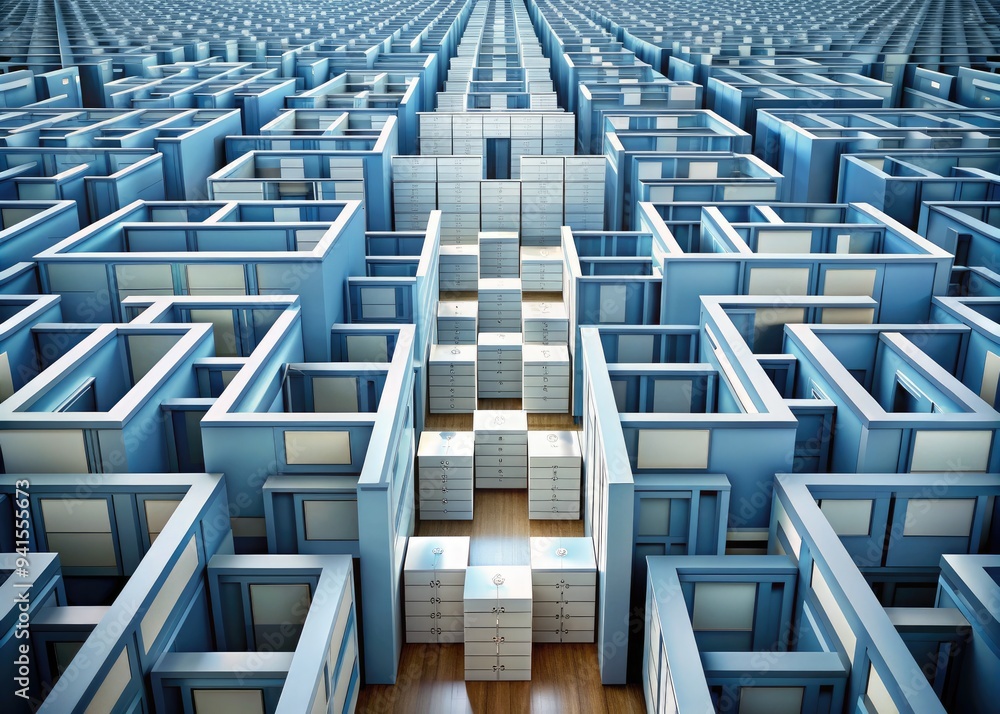 Bureaucratic Maze: Endless rows of cabinets, maze-like layout ...