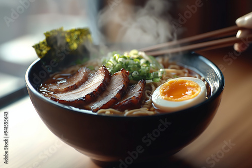 A steaming bowl of ramen wi...