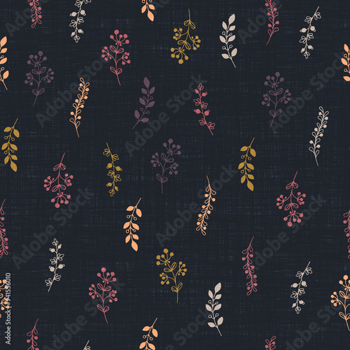 A seamless botanical pattern on a dark blue textured background, a hand-drawn herbal elements in various colors, elegant leaves and branches with linen texture