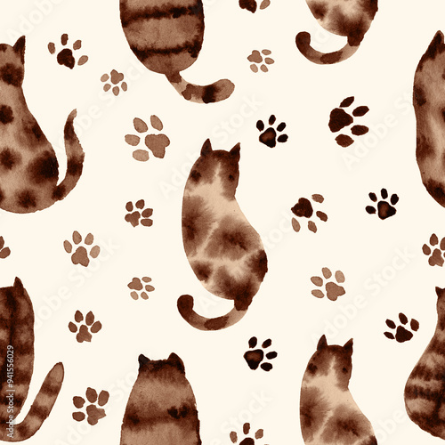 Photography A seamless pattern with watercolor painted cats and paw prints, hand-painted spo