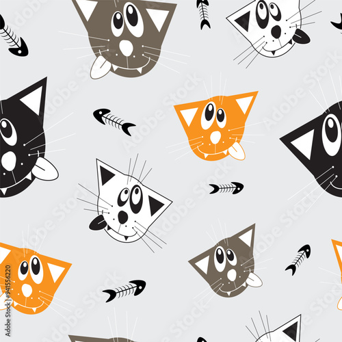 A funny seamless pattern with crazy cat heads and fishbones, a rabid cat with a tongue stuck out