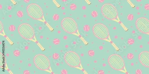 Set of vector tennis elements. Hand drawn tennis racket and ball. Seamless hand drawn pattern in doodle style. Calm pastel colors.