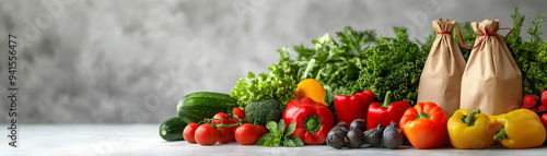 Photo Realistic as Farmers market produce and eco friendly packaging with World Food Day text isolated on white concept as Camera movement Zoom into the farmers market produce and eco friendly packagi