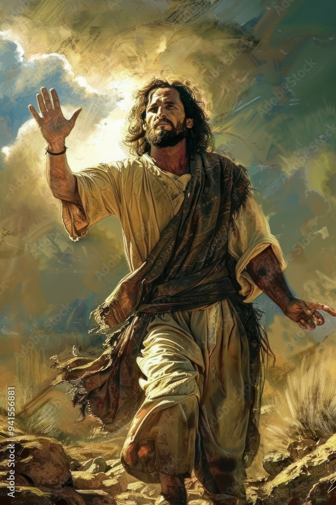 Naklejka premium Spiritual Depiction of Jesus Reaching Towards Light