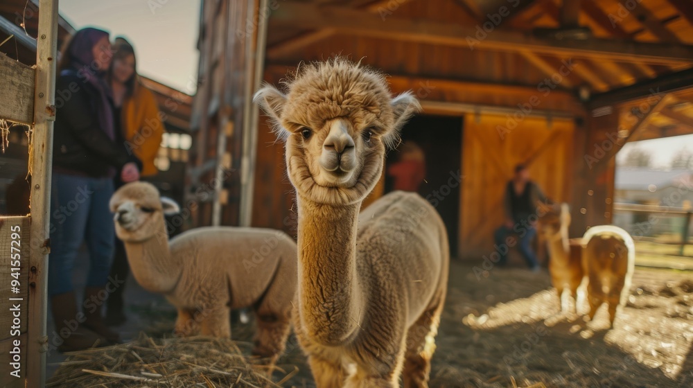 Obraz premium Stock Photography, Lesbian couple running alpaca farm. Rural pasture, shearing wool from gentle animal. Barn with handmade products visible, visitors petting baby alpacas