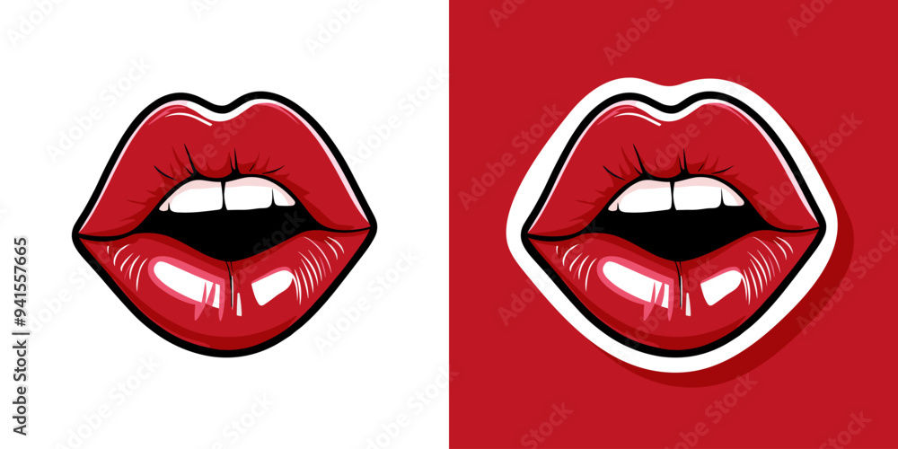 Obraz premium Glossy colored and sexy red lips. Vector illustration isolated on white background. Hot kiss sticker lips with red lipstick
