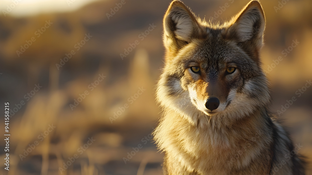 Wary Coyote Observing in Sunset Lit Field Wary Coyote Observing in Sunset Lit Field