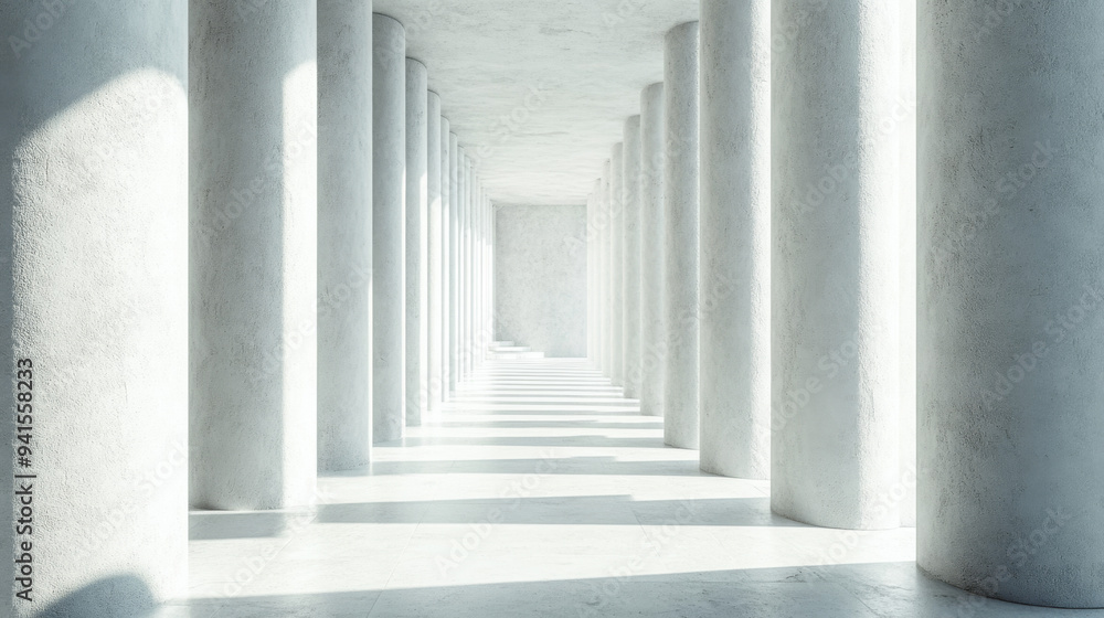 Fototapeta premium A long, narrow hallway with white pillars