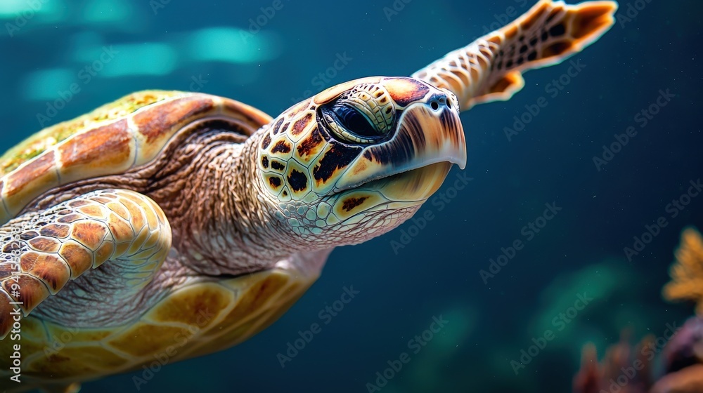 Fototapeta premium Graceful sea turtle swimming through a coral reef with vibrant marine life