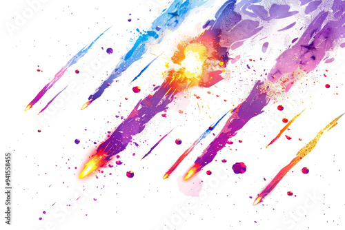 A meteor shower with colorful explosions on a white background photo