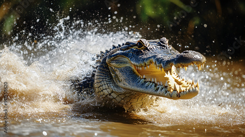 Ferocious Crocodile Emerging from Swirling Tropical Waters