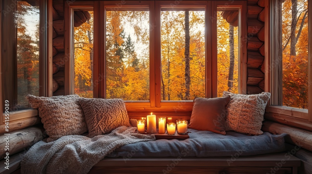 Fototapeta premium Cozy autumn interior with candles, pillows, and a large window overlooking a golden forest. AI generated image
