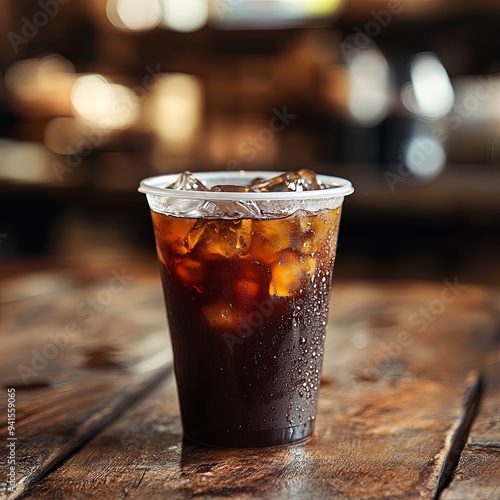 Iced coffee in takeaway cup on old wooden table.