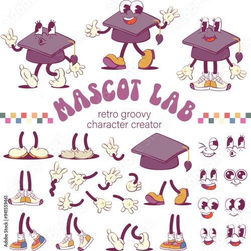 Graduation hat retro groovy mascot creation kit, mascot parts