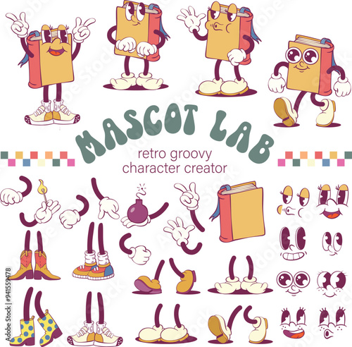 Book retro groovy mascot creation kit, mascot parts collection