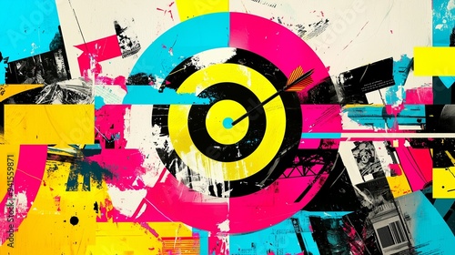 A vibrant target with an arrow symbolizes achieving goals amidst colorful chaos. photo