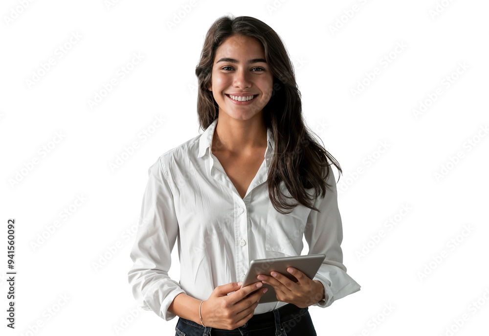 Portrait of a smiling young businesswoman holding a tablet, isolated on a transparent background Portrait of a smiling young businesswoman holding a tablet, isolated on a transparent background