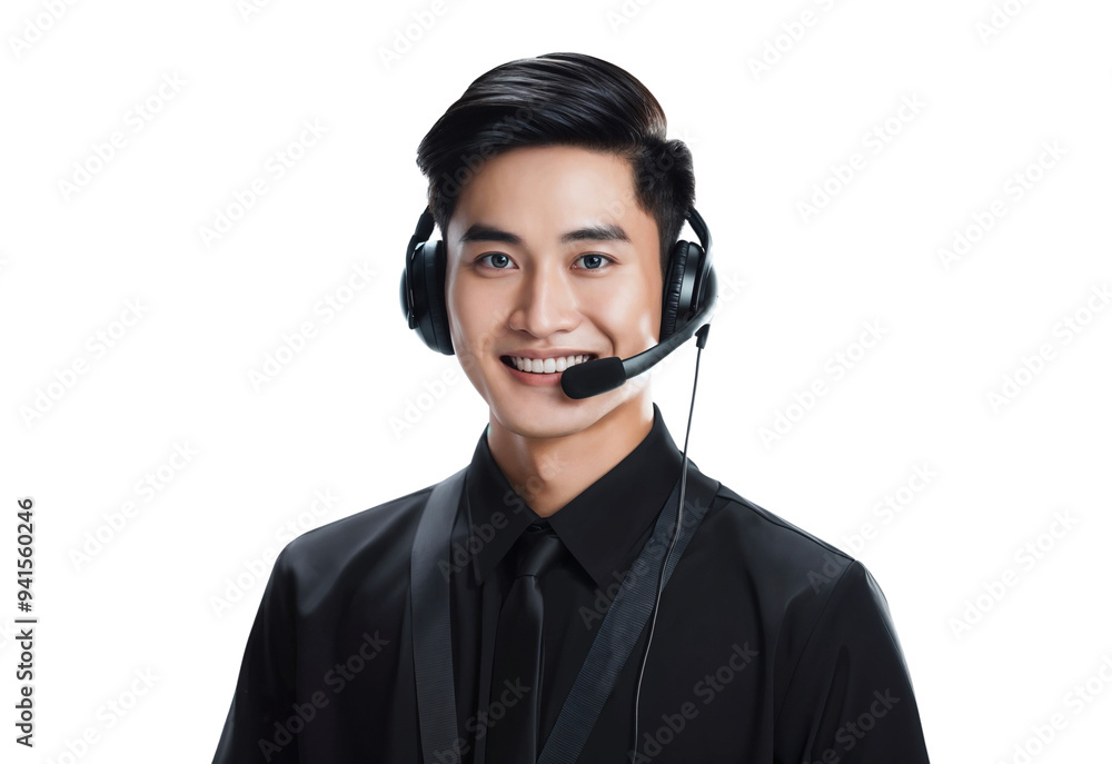 Portrait of a smiling Asian call center operator worker with a headset, isolated on transparent background Portrait of a smiling Asian call center operator worker with a headset, isolated on transparent background