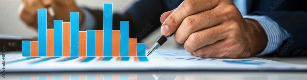 Close-up of a businessman's hands using a pen to analyze financial data shown on graphs and charts. The image depicts a professional environment focused on business growth and financial planning. Close-up of a businessman's hands using a pen to analyze financial data shown on graphs and charts. The image depicts a professional environment focused on business growth and financial planning.