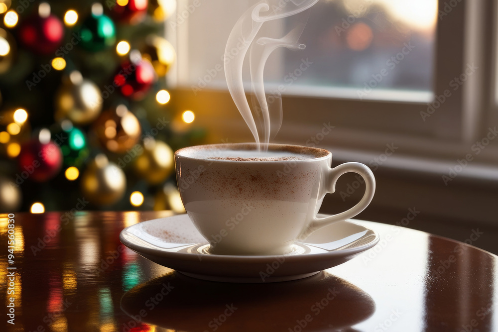 Cup of coffee on Wooden empty table background under Christmas tree with light bokeh. Christmas decoration. AI generated Cup of coffee on Wooden empty table background under Christmas tree with light bokeh. Christmas decoration. AI generated