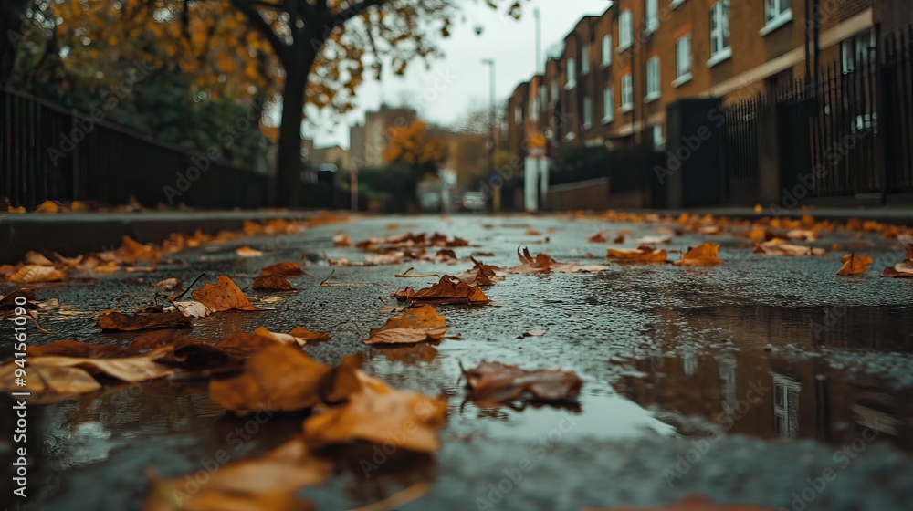 Fototapeta premium Rainy autumn street in a city with fallen leaves reflecting on the wet pavement. AI generated image
