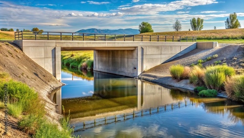 support, canal, landscape, drainage, transportation, engineering, construction, waterway, crossing, architecture, Cement bridge with culvert on irrigation ditch at eye level photo