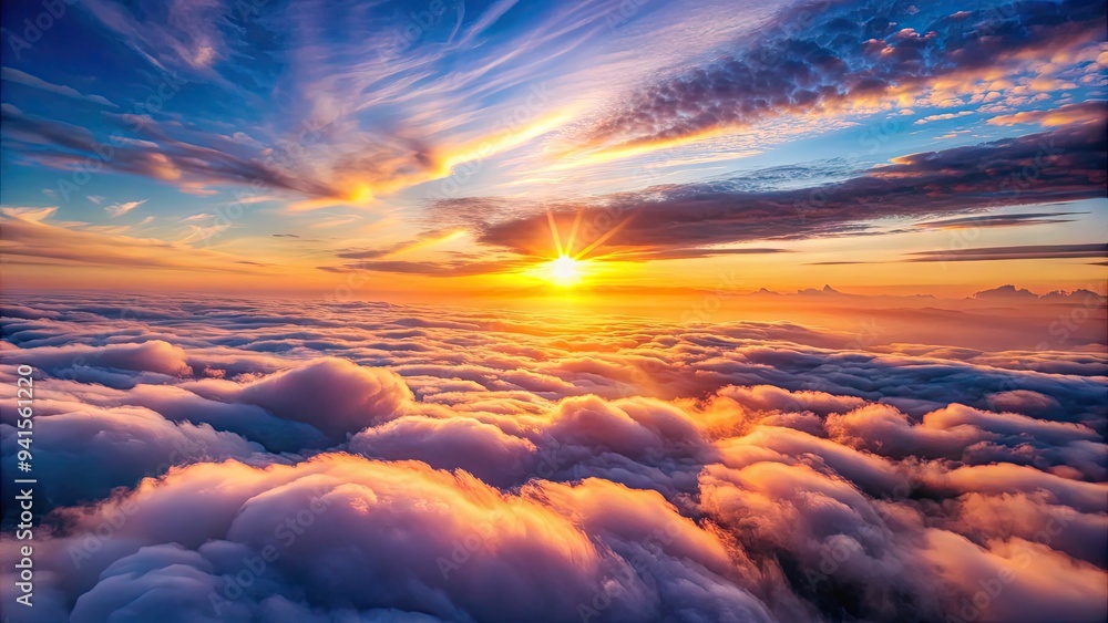 Celestial Ascent: Colorful sunrise above clouds, serene aerial view, warm glow. Celestial Ascent: Colorful sunrise above clouds, serene aerial view, warm glow.