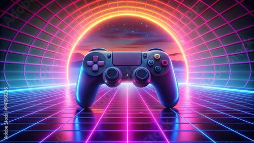 The Game Controller Glows in a Neon Landscape  Generative AI
