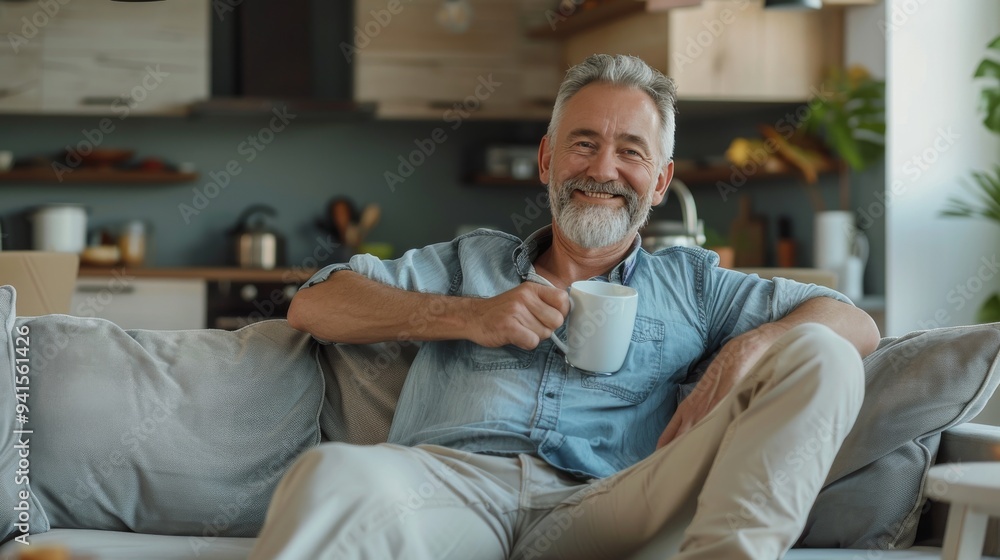 Happy middle aged man holding coffee cup relaxing on couch at home. Smiling mature older man drinking tea looking at camera sitting on cozy sofa chilling in modern kitchen living room. Portrait. Happy middle aged man holding coffee cup relaxing on couch at home. Smiling mature older man drinking tea looking at camera sitting on cozy sofa chilling in modern kitchen living room. Portrait.