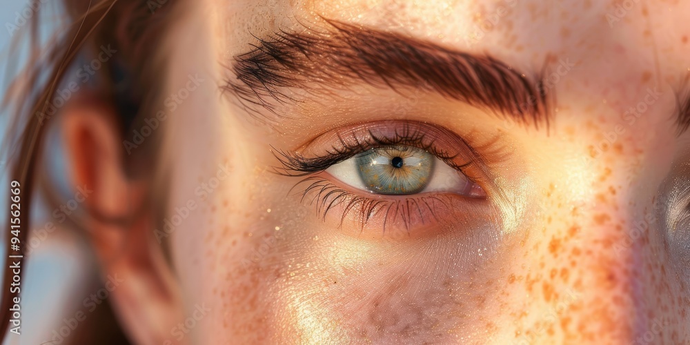 Portrait of a woman showcasing her beauty and skincare routine, featuring makeup, eyeshadow, mascara, and well-groomed eyebrows for a natural glow Portrait of a woman showcasing her beauty and skincare routine, featuring makeup, eyeshadow, mascara, and well-groomed eyebrows for a natural glow