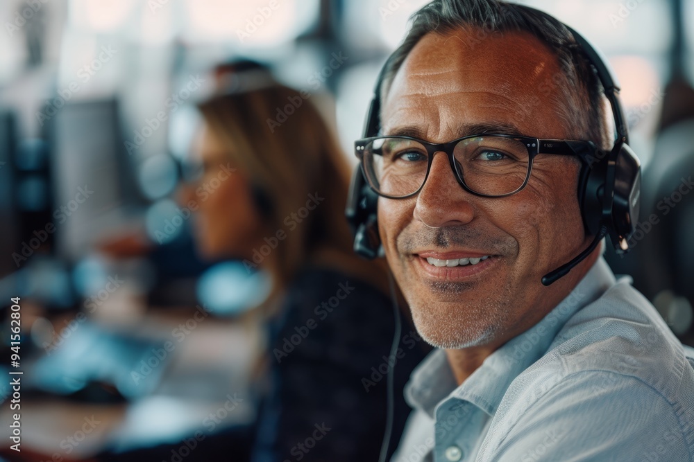 Leadership and communication in a business setting, showcasing a professional at a call center focused on customer service and team management Leadership and communication in a business setting, showcasing a professional at a call center focused on customer service and team management