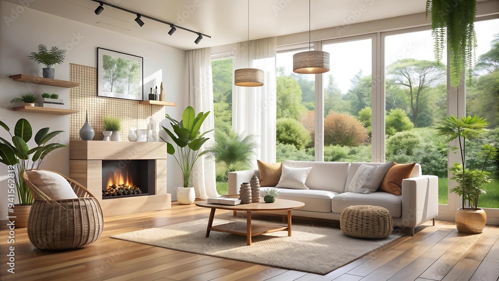 Serene Minimalism: A Living Room Bathed in Soft Light and Natural Materials Generative AI Serene Minimalism: A Living Room Bathed in Soft Light and Natural Materials Generative AI