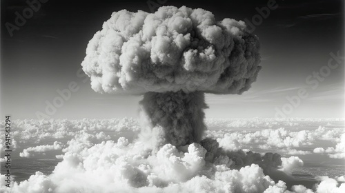 A historical photograph of the mushroom cloud from a nuclear explosion, serving as a reminder of the destructive power of nuclear fission. photo